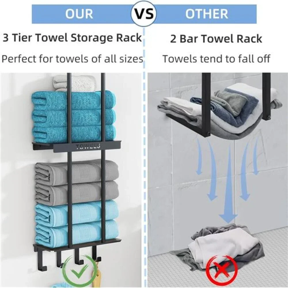 Bathroom Towel Rack w/ Shelf, 3 Tier Towel Storage Rack  Wall Mounted w/ 4 Hooks